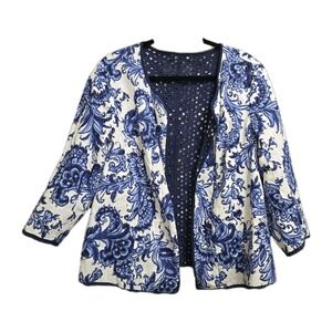Coldwater Creek Jacket Womens 12 Floral Reversible Elegant Blazer Eyelet Navy